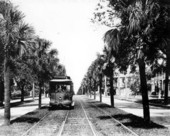 Trolley car running down the middle of Main Street - Jacksonville, Florida