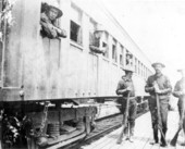 Soldiers of the 2nd Regiment of Louisiana Volunteers at train depot - Cocoa, Florida