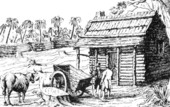 Drawing of pioneer's log cabin under British occupation