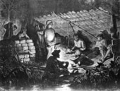 Engraving of African Americans hiding in the swamp after an attack by vigilantes