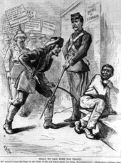 Political cartoon defending the rationale of maintainign federal troops in the south by depicting the aims and motives of the Ku Klux Klan