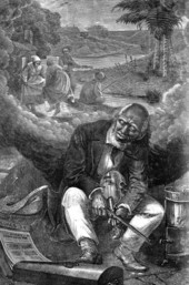 Engraving of an old sleeping African American man and his fiddle