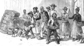 Etching of African Americans at a railroad station