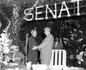 Fred Mahan greeting U.S. Senator Spessard Holland at Mahan party - Monticello, Florida