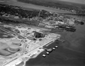 Aerial view overlooking construction of the Jacksonville Electric Authority southside generating station - Jacksonville, Florida.