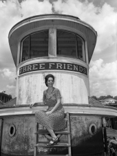 Dorcas Beckley posing in front of the Three Friends steamboat wheelhouse - Jacksonville, Florida.