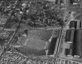 Aerial view of the Gator Bowl Stadium during the 1954 game between Auburn University and Baylor University - Jacksonville, Florida.