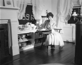 Jane Collins in a bedroom at the Grove