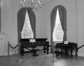 Portrait and piano inside the main building of the Stephen Foster Memorial