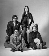 Portrait of songwriter Charles Robinette with the Foggy Mountain Singers bluegrass trio - Tallahassee, Florida.
