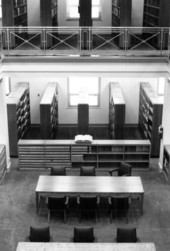 Interior view of the Florida Supreme Court library reading room looking east after renovation and building additions in Tallahassee, Florida.