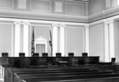 Interior view of the courtroom at the Florida Supreme Court after renovation and building additions in Tallahassee, Florida.