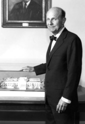 Florida Supreme Court Chief Justice Raymond Ehrlich with a model of the Supreme Court Building during renovation project in Tallahassee, Florida.