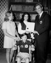 Governor Reubin Askew with the muscular dystrophy poster child of 1972 - Tallahassee, Florida .