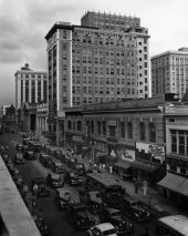 Bird's eye view looking west at buildings on the north side of Forsyth St. in downtown Jacksonville.