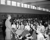 Rosamond Du Jardin speaking to students at Elizabeth Cobb Jr. High School in Tallahassee.