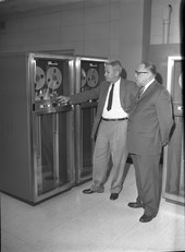 Wade Whiddon showing IBM 727 Magnetic Tape unit to James Vocelle in Tallahassee.