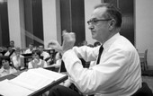Director Manley R. Whitcomb waves baton for symphony rehearsal to start at FSU in Tallahassee.