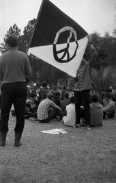 FSU students holding up peace flag during "love in" on Landis Green in Tallahassee.