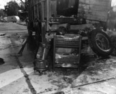 Close-up view showing wood stoves damaged during a truck fire at Perry Highway and Franklin Boulevard in Tallahassee, Florida.