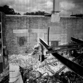 Close-up view overlooking the demolition of Mendelson's department store in Tallahassee, Florida.