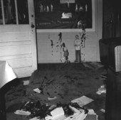 View showing fire damage from arson at an African American school in Tallahassee, Florida.