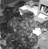 Close-up view showing fire damage from arson at an African American school in Tallahassee, Florida.