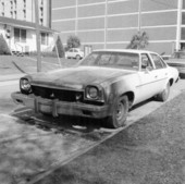 View of a car damaged by arson at FSU in Tallahassee, Florida.