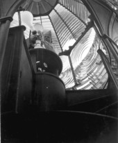 Interior view showing lighthouse keeper with bulbs inside the Pensacola Lighthouse - Escambia County, Florida.