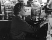 Unidentified employee with equipment at Rex Bassett Electronics - Fort Lauderdale, Florida.