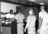 Incoming inmates being issued clothing and shoes at the Central Florida Reception Center.