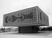 Building decorated by a hammered glass mosaic at the headquarters for Bacardi Rum in Miami, Florida.