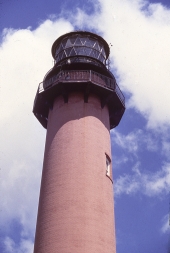 Close-up view of the Historic Jupiter Inlet lighthouse in Palm Beach County, Florida.