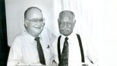 Tallahassee Democrat sports editor Bill McGrotha, left, with legendary Florida A&M football coach Jake Gaither on his 88th birthday.