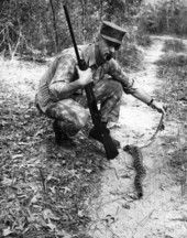 Gene Smith holding up a rattlesnake.