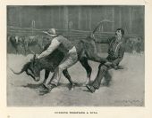 Cowboys wrestling a bull.
