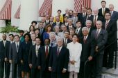 Group portrait of the Florida Constitution Revision Commission members on the steps of the Old Capitol.