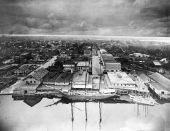 Bird's eye view of a three-masted schooner on the waterfront - Tampa, Florida.