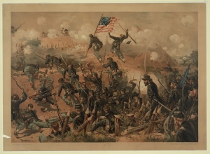 Print of Union soldiers charging up an incline during the Siege of Vicksburg.