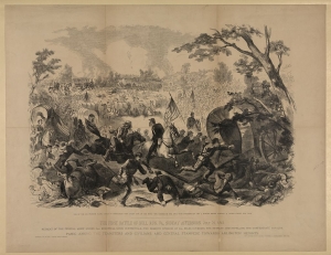 Print showing Union and Confederate troops in combat during the First Battle of Bull Run.