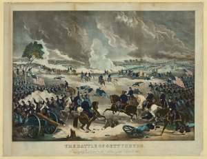 Print showing Union troops during the Battle of Gettysburg.