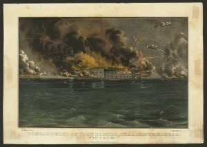 Print showing cannons firing from Confederate batteries toward the burning Fort Sumter.