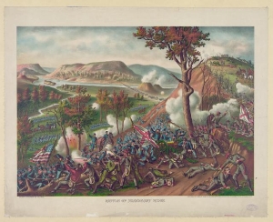 Print of Union soldiers charging up a steep hill toward a line of Confederate soldiers during the Battle of Missionary Ridge.
