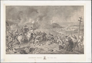 Print of General William T. Sherman on horseback as Union soldiers dismantle railroad tracks and telegraph poles in the foreground and a newly freed African American family crosses the tracks.