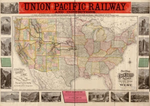 Map of the United States showing the Union Pacific Railway network with scenic illustrations along the border of the map.