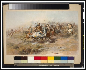 Print of the Battle of the Little Bighorn with Native Americans on horseback in foreground and no visible U.S. soldiers.