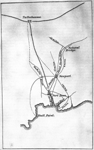 Map of Natural Bridge with lines denoting the number of miles between locations on the map.