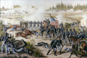 Color print of a Union force composed primarily of free Black men from the United States Colored Troops advancing on Confederate troops firing from trenches in a large clearing during the Battle of Olustee.