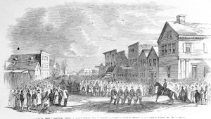 Illustration of federal troops marching through Second Street with crowds of people watching.