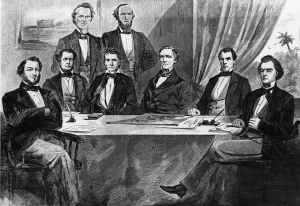 Engraving of the Confederate cabinet in Montgomery, including Jefferson Davis seated at the table.